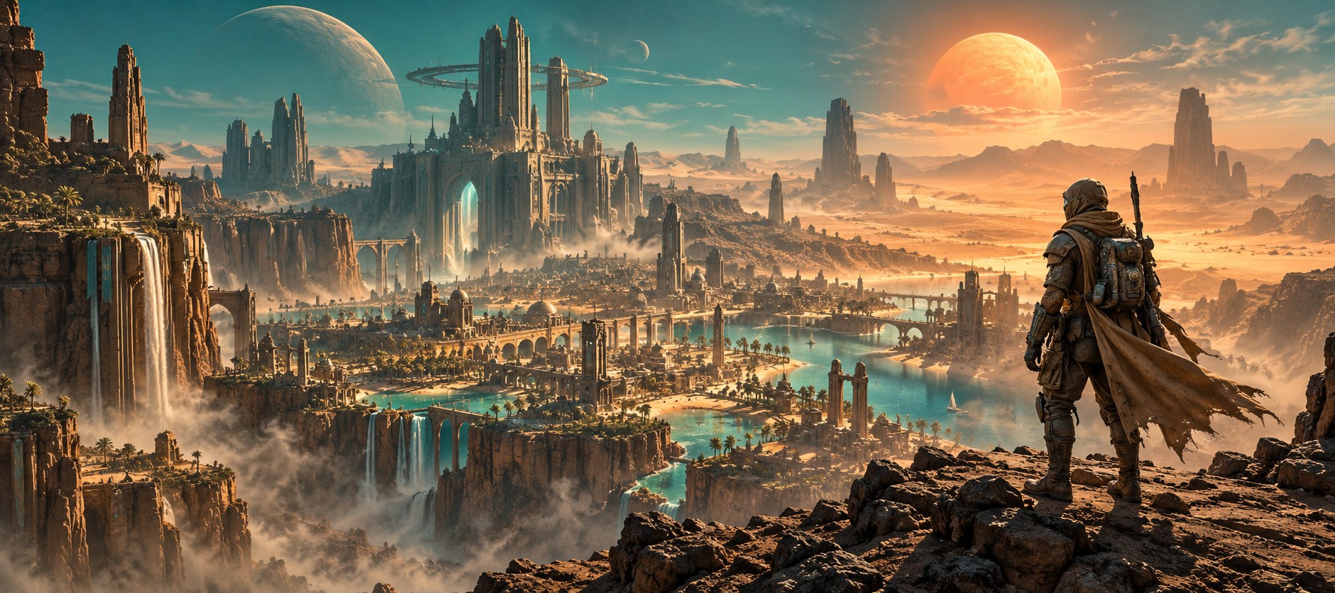 Oasis concept art of a sunlit fantasy city and ancient towers